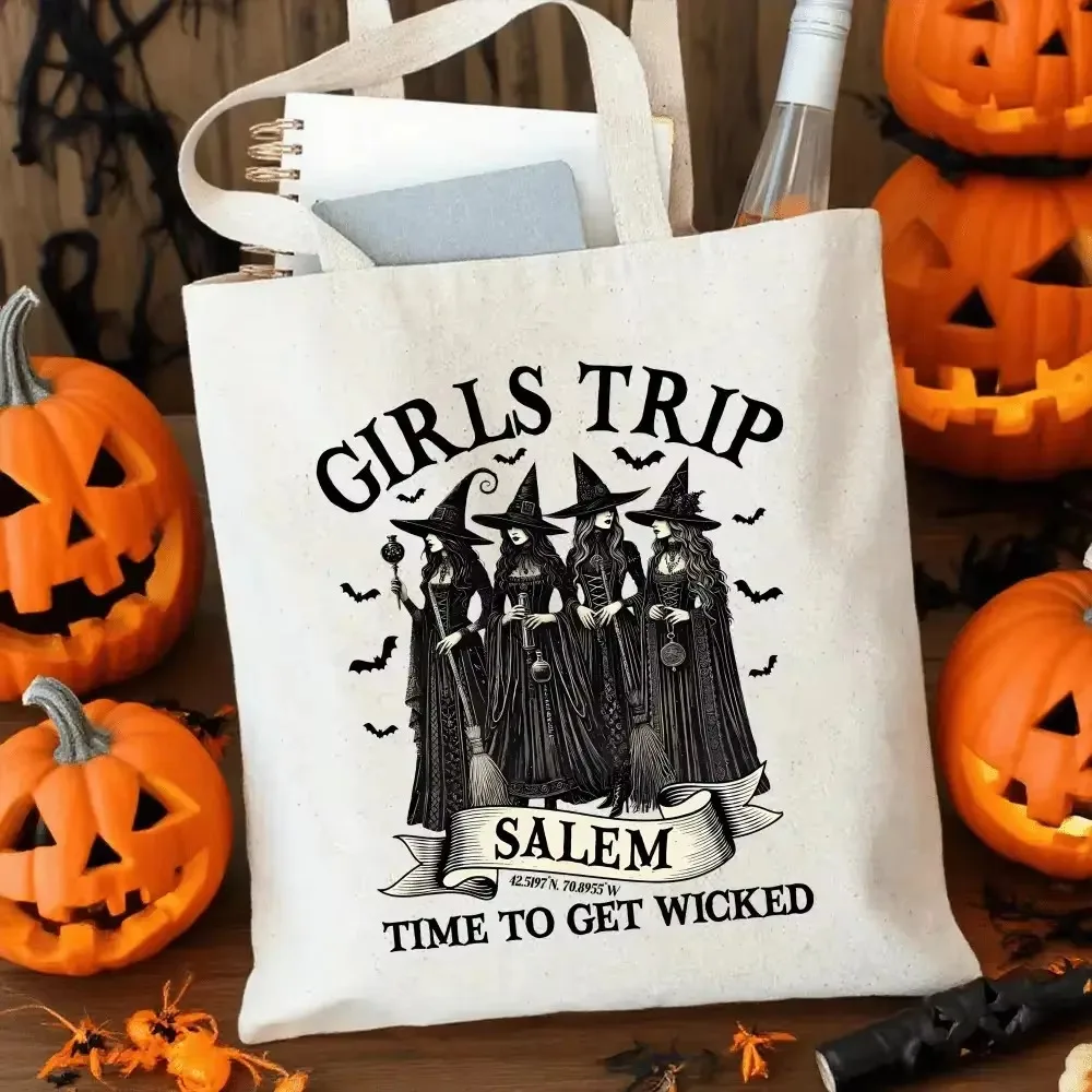Personalized Girls Trips Salem Canvas Tote Bags Custom Name Witch Halloween Grocery Shopping Bags Reusable for Women Girls Gifts