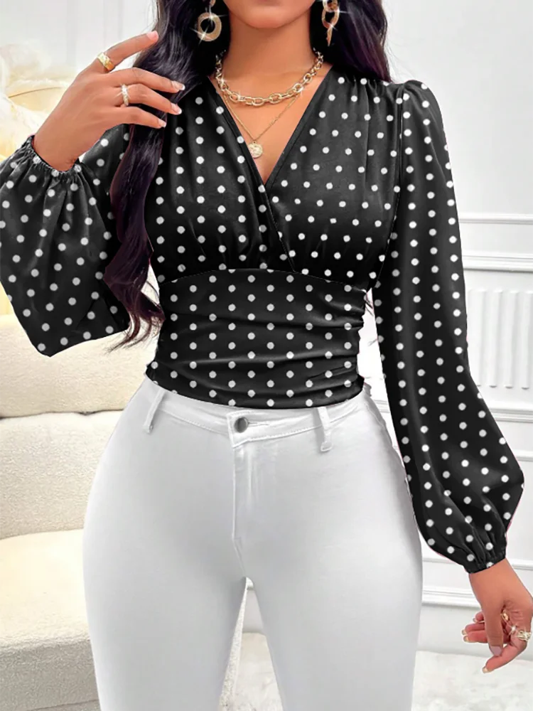 여성 블라우스 봄 여름 블랙 화이트 물방울 무늬 랩 V넥 퍼프 롱 슬리브 주름 허리 빈티지 스타일리쉬 데일리 캐주얼 탑