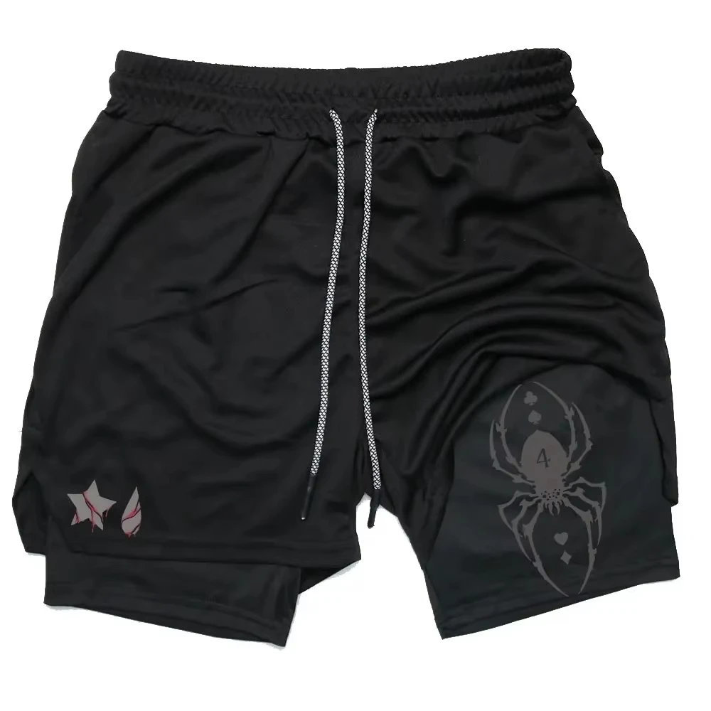 Men 2 in 1 Running Compression Shorts Training Yoga Gym Workout with Pockets Anime Hunter X Performance