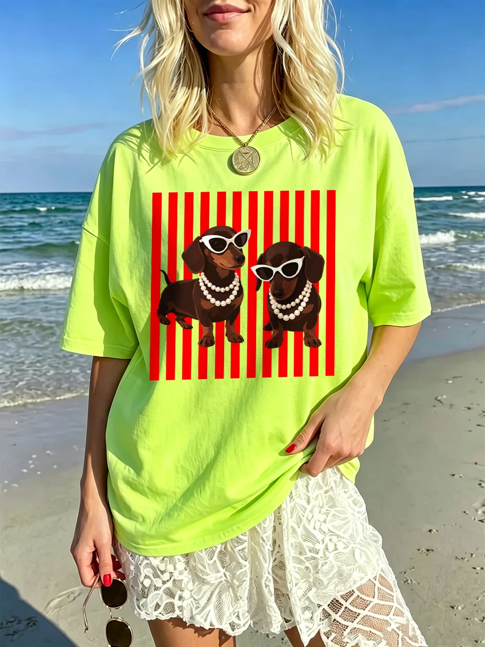 Pearl Dachshund Hundemotiv T-Shirts Baumwolle Damen Sommer Kurzarm T-Shirt Lässige Weiche Oversized Tops Basic O-Ausschnitt Kleidung – Detail 18