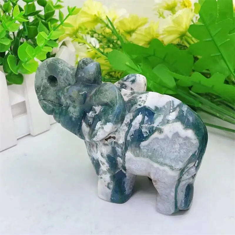 

12cm Natural Moss Agate Elephant Figurine Stone Carved Crystal Animal Statue Sculpture For Decoration Gift 1PCS