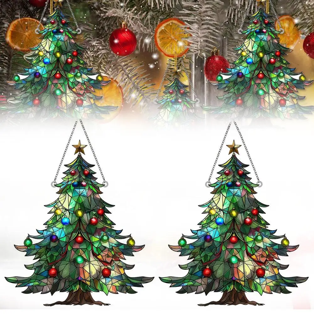 2D Christmas Tree Ornament Sun Catchers Stained Glass Decoration Ornament Effect Home Xmas Glass Stained Holiday Collectibl X7W6