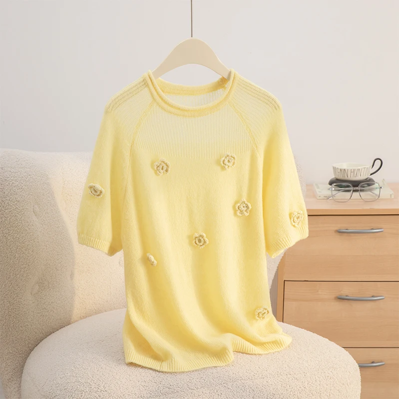 

New 2026 Women's O-neck 100% Cashmere Sweater T-shirt Solid Color Knitted Hollow Thin Summer Short Sleeve pullover sweater