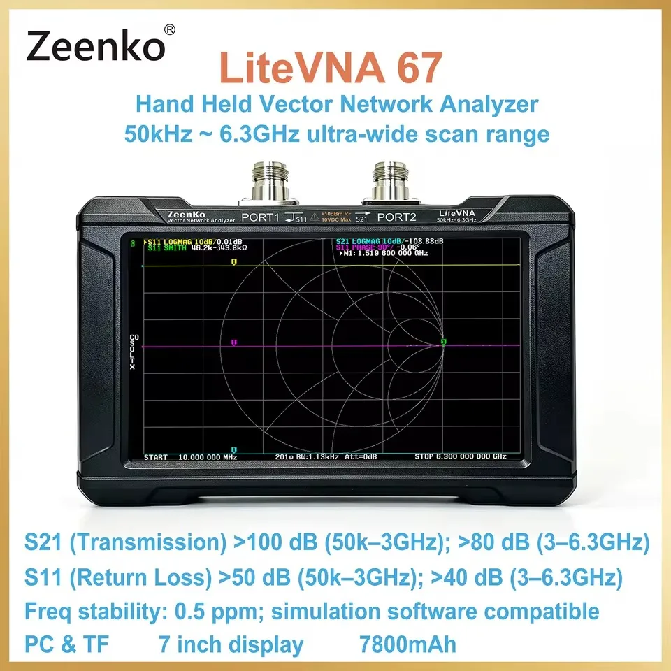 Zeenko LiteVNA 67  50kHz ~ 6.3GHz  VNA 7 Inch Display Hand Held Vector Network Analyzer  7800mAh Battery 32G TF Card