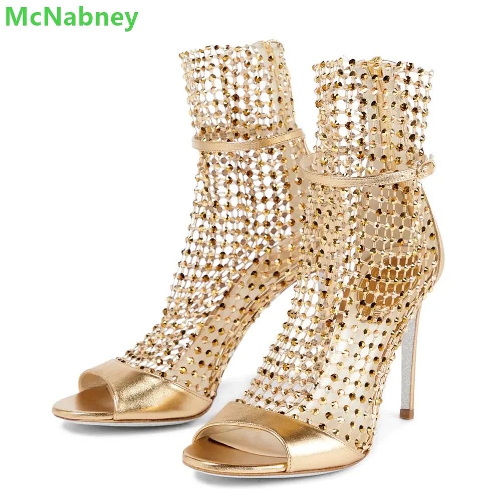 Mesh Gleaming Crystals Hollow Boots For Women Luxury Designer Back Zipper Peep Toe Thin High Heel Solid Fashion Summer Shoes