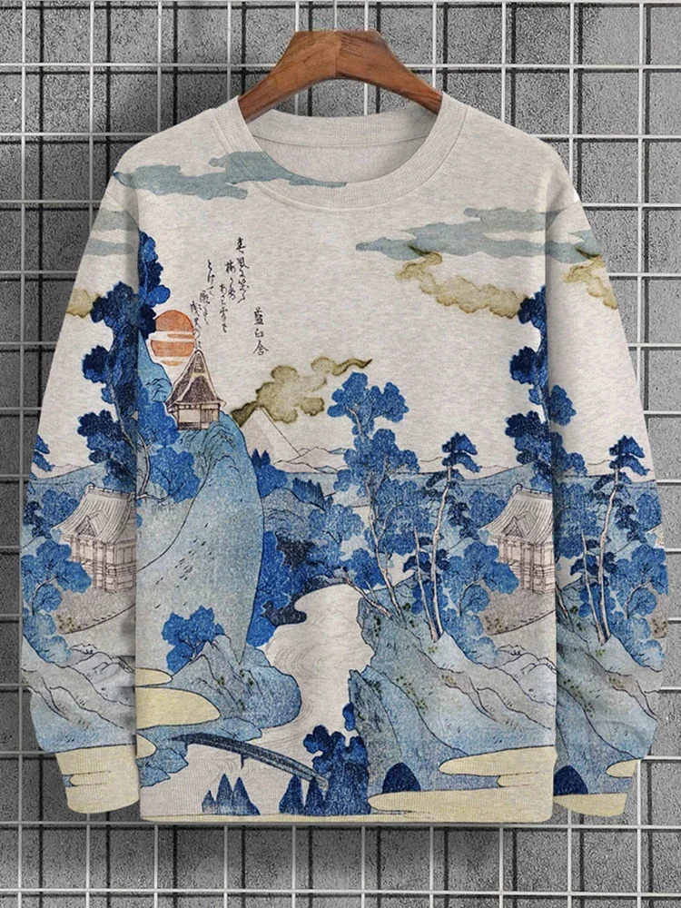 Men's round neck fashion sweatshirt landscape print round neck spring and autumn long sleeve casual top large size fashion loose