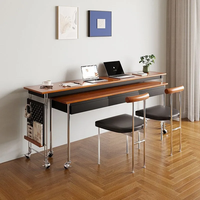 Bedroom double-layer solid wood desk, retractable retro table, movable narrow desk combination, small apartment corner