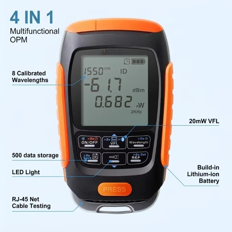 APM58NC-V20 Palm Size 4-in-1 OPM Fiber Tester 20mW VFL LED RJ45 Function Multifunctional Device For FTTX Use