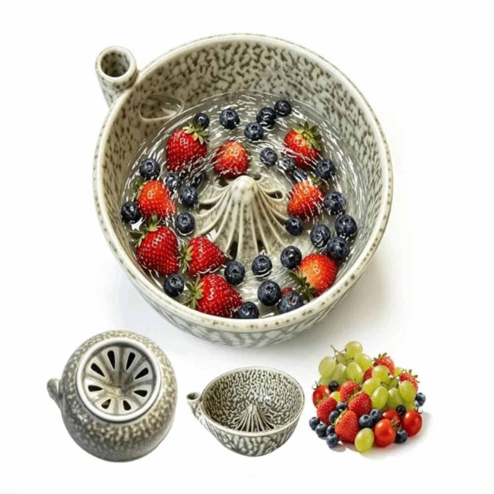 Quick Ceramic Material Berry Washing Bowl 7.87inch Beige Berry Cleaning Bowl Self Rotating Bowl For Strawberries