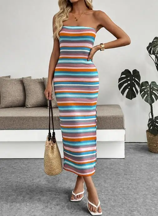 

Women's Dress Summer 2025 New Leisure Vacation Style Embroidered Striped Strapless Fashionable and Stylish Explosive Dress