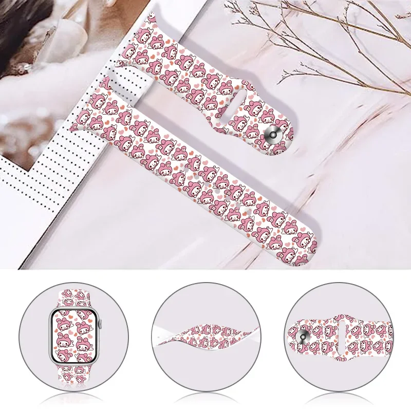 Sanrio Hello Kitty Printed Strap for Apple Watch Band 49mm 45 44 41 40mm 38mm Silicone Bracelet IWatch Series 8 7 6 3 5 4 Strap