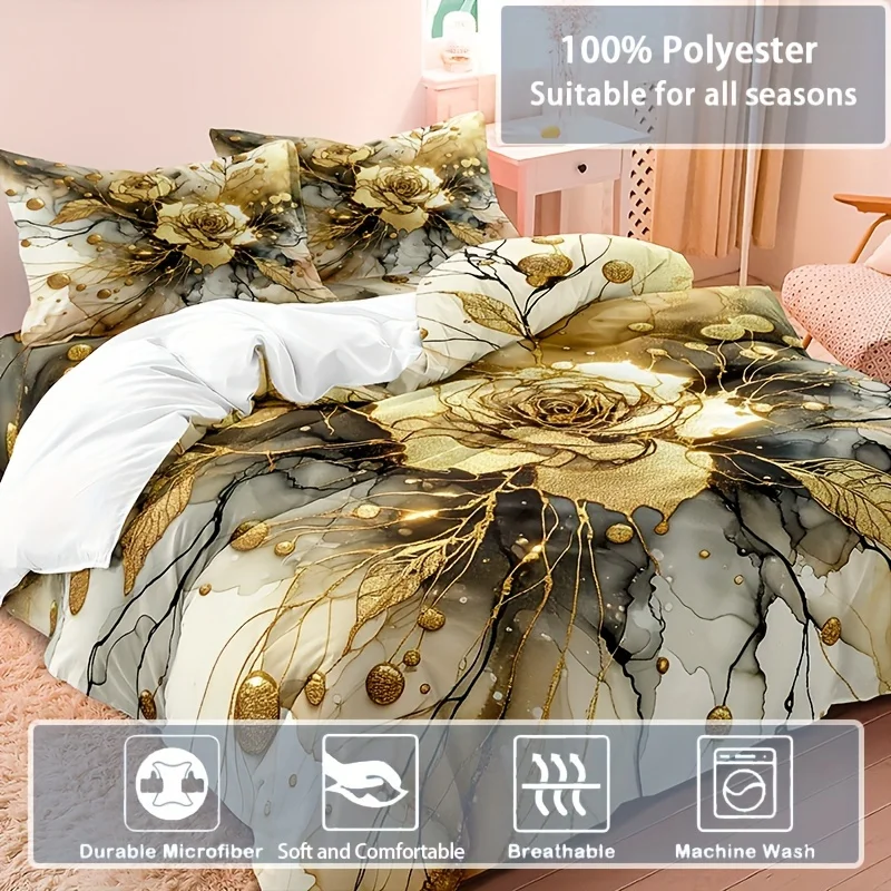 3pcs Marble With Golden Rose Duvet Cover Set, Marbling Flower Print Quilt Cover With Pillowcase