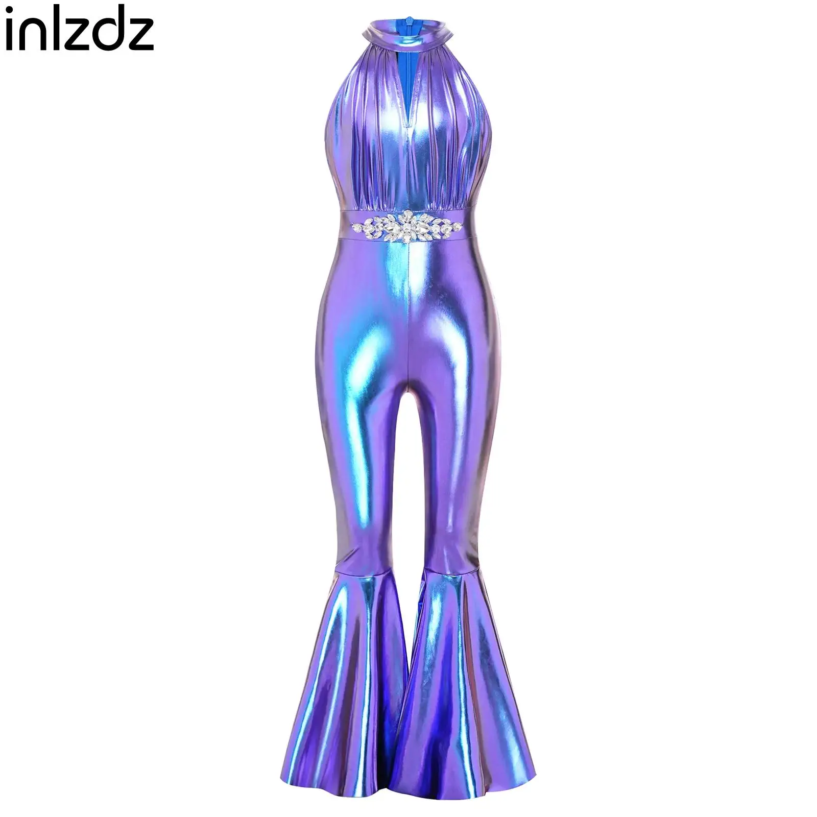 

Rhinestone Waist Metallic Romper for Kids Girls Sleeveless Keyhole Front Bell Bottoms One Piece Jumpsuit Jazz Disco Dance Outfit