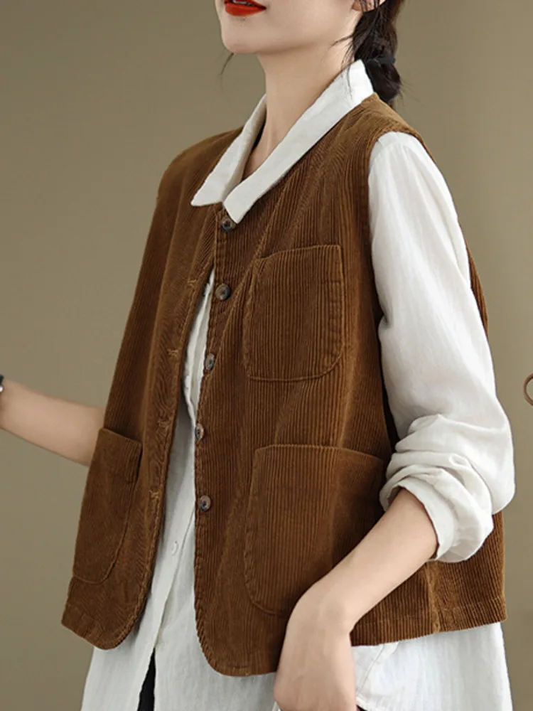 #5129 Vintage Corduroy Vest Women Single Breasted Short Vest Waistcoat Ladies O-Neck Loose Pockets Sleeveless Jacket Autumn 2024