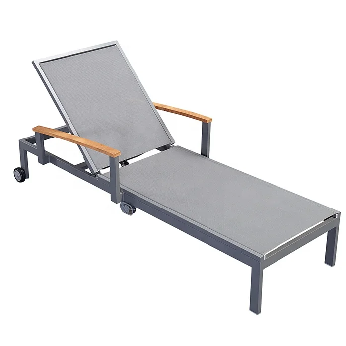 Movable Outdoor Furniture Aluminum Frame Teak Wood Arm Wheel Sun Beach Patio Pool Chaise Lounge Chair