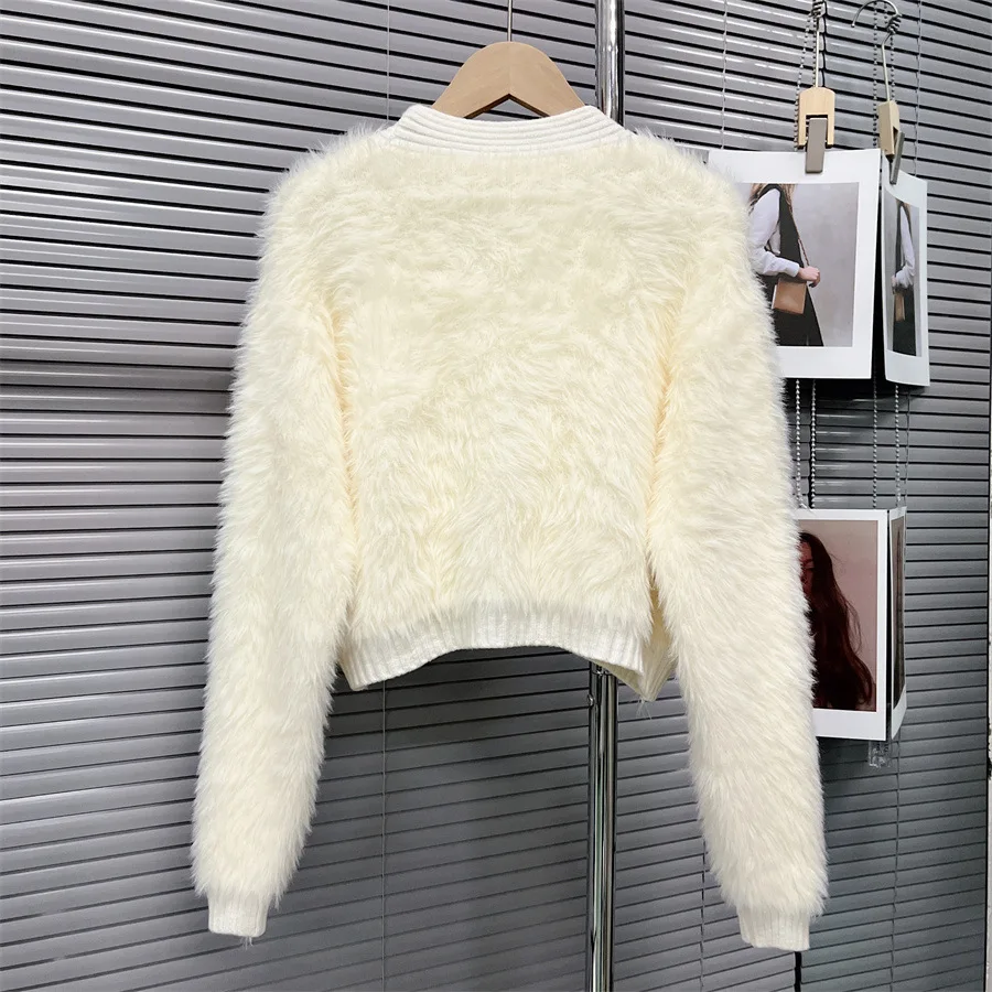 2024 Women Autumn Furry Knit Cardigans Sweater Coat Single Button Long Sleeve Women Short Slim Sweater Tops Style Coat