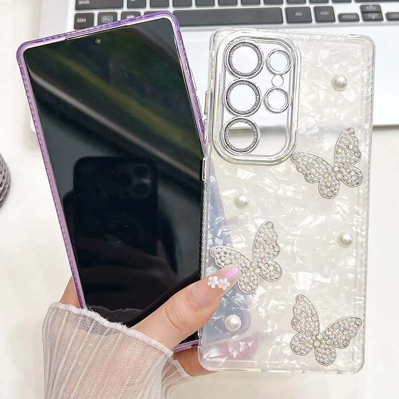 حافظة فاخرة على شكل فراشة لؤلؤية لامعة لهاتف سامسونج جالاكسي S25 Ultra S24 FE Plus S23 Ultra A16 A26 A36 A56 A15 A25 A35 A55 A54