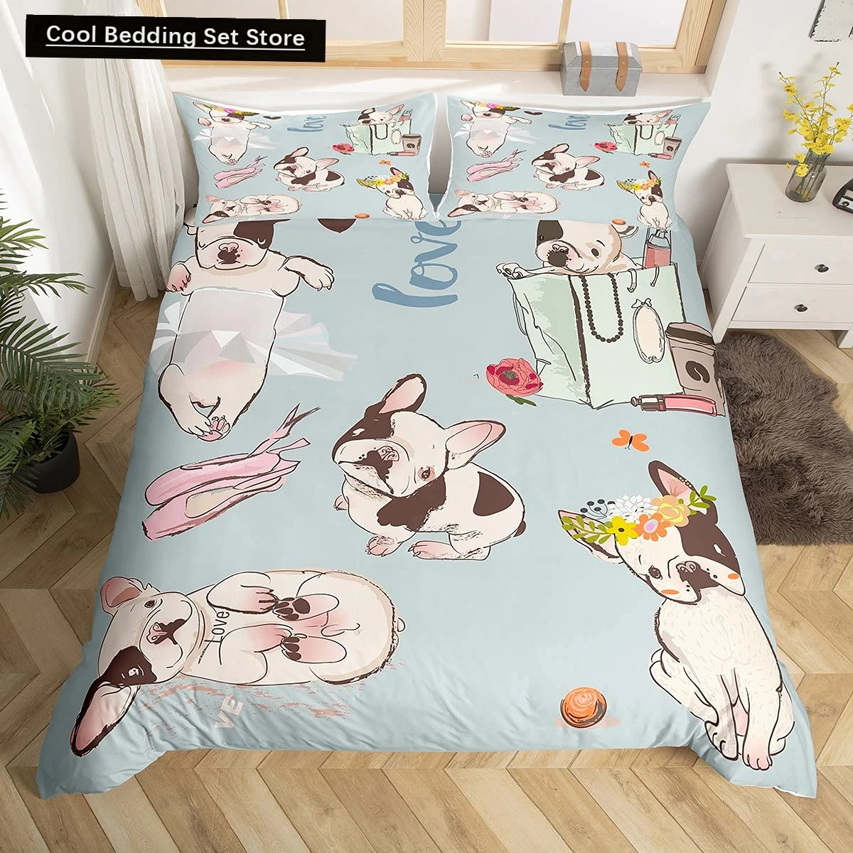 

Cartoon Bulldog King Queen Duvet Cover Shar Pei Pup Dog Bedding Set Lovely Pet Puppy Doggy Quilt Cover Polyester Comforter Cover