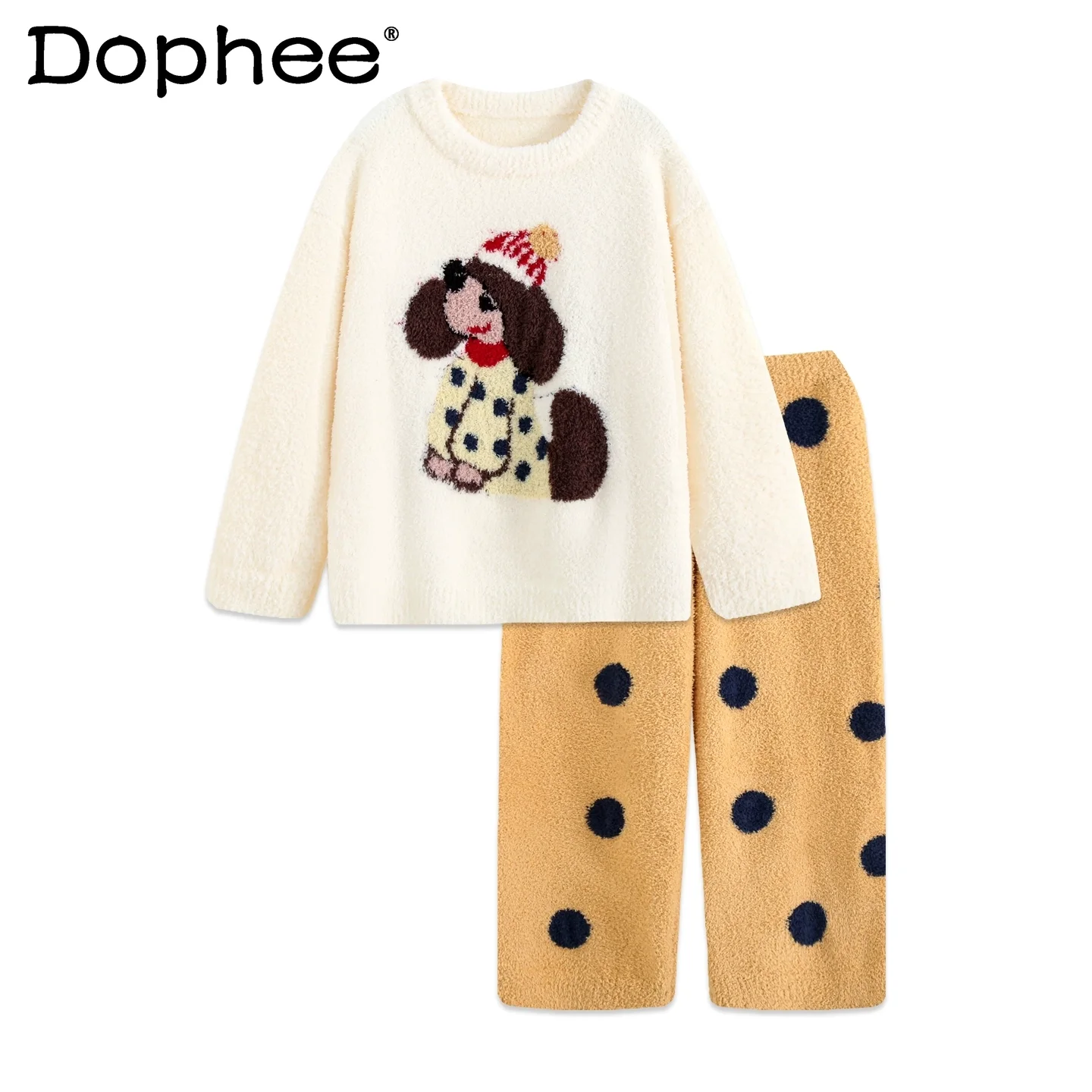 

Cartoon Puppy Pajamas for Women Winter Japanese Style Thin Velvet Cute Thickened Round Neck Coral Fleece Homewear