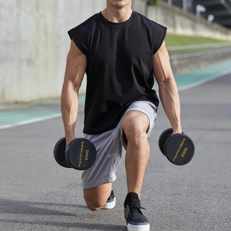 Cotton Sprort T-shirt Bodybuilding Slim Shirts Sleeveless Tank Tops Gym Workout Shirt Men Sportwear Loose Summer T Shirt Men