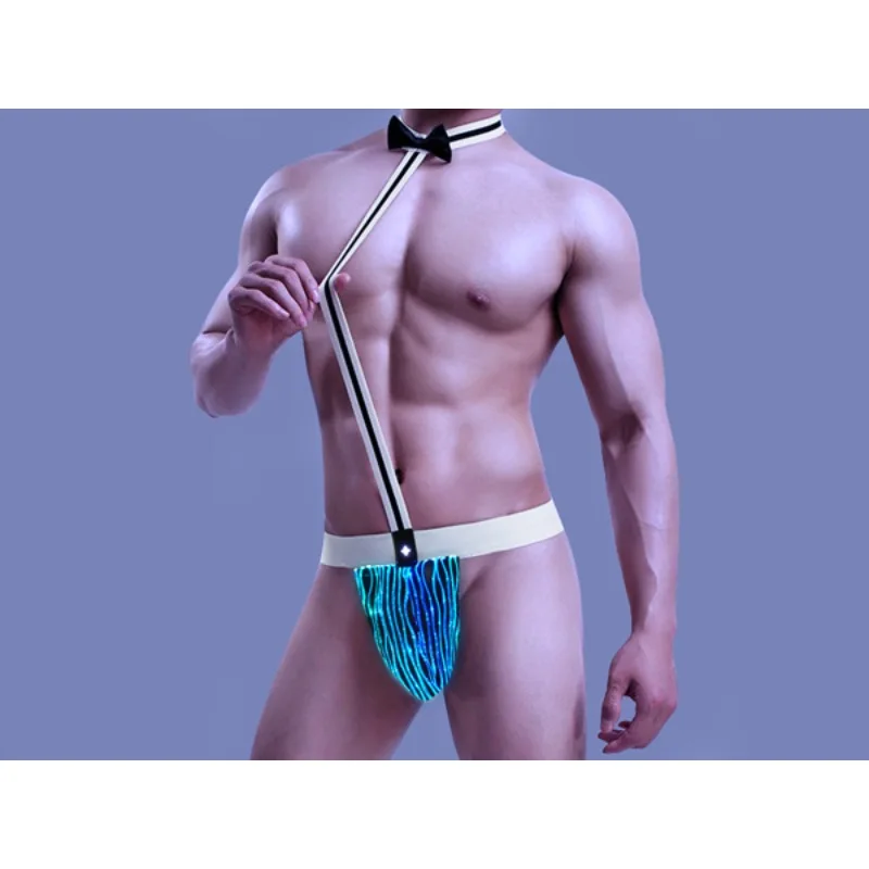 Men's LED Optic Fiber G-Strings with Bowtie Luminous Light up Erotic Thongs Fetish Role Play Underwear Nightclub Pole Dance