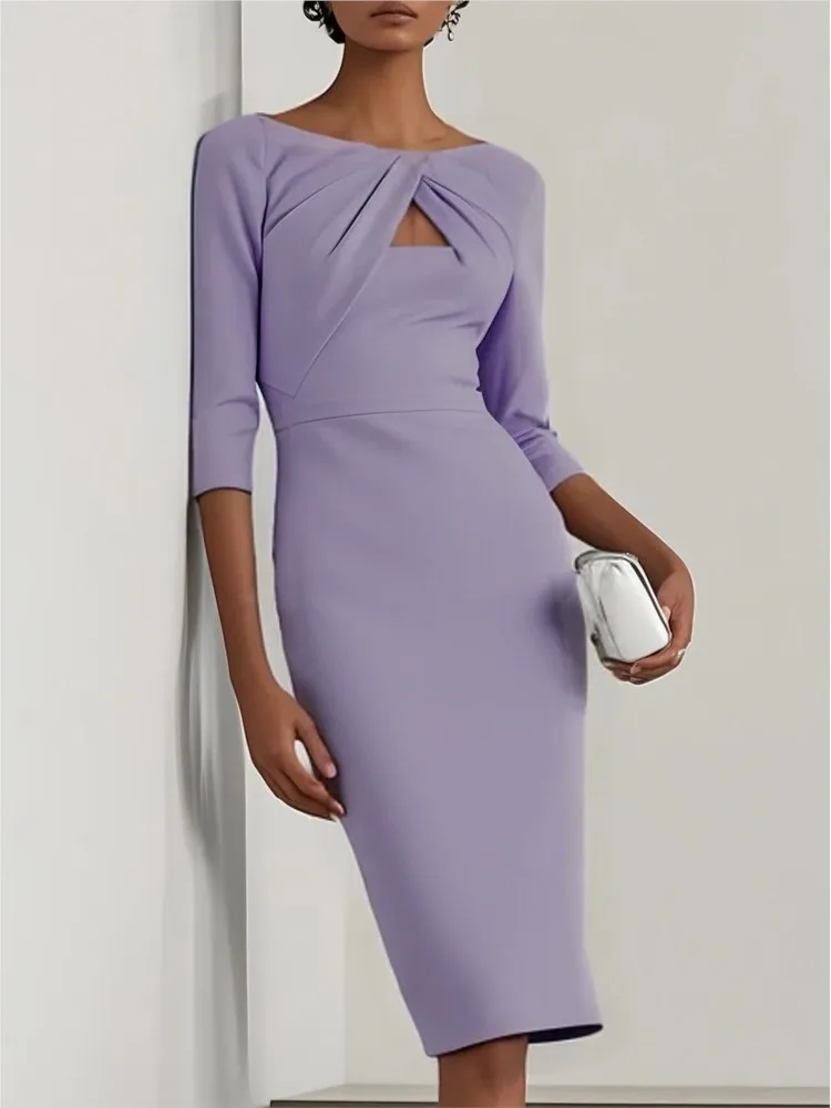 Herbst Sexy Ausschnitt Midi Kleid 3/4 Hülse Midi Bodycon Kleid frauen Frühling Solide Elegante Cocktail Party Formale Kleid Robe femme