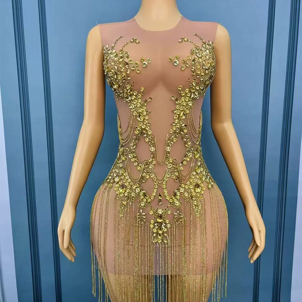 

Luxury Crystals Chains Handmade Gown Sexy Nude Mesh Trim fit Dress Women Party Evening Outfit Show Perform Costume Stage Wear