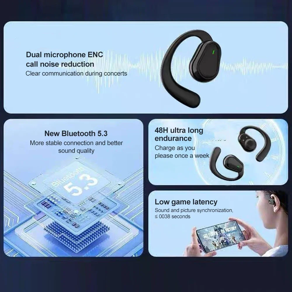 سماعات أذن رياضية مفتوحة لاسلكية OWS بلوتوث 5.3 سماعات HiFi سماعة رأس ستيريو للحد من الضوضاء مع ميكروفون HD صوت
