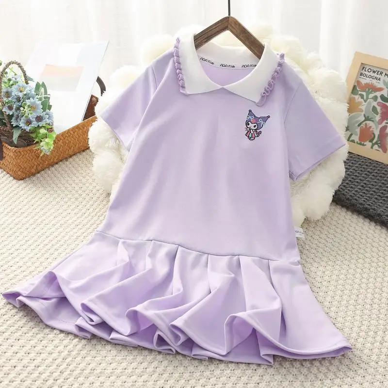 Anime Sanrios Girl Dress Kawaii My Melody Kuromi Kids Short Sleeve Princess Skirts Cute Pleated Skirt Preppy Summer Kids Clothes