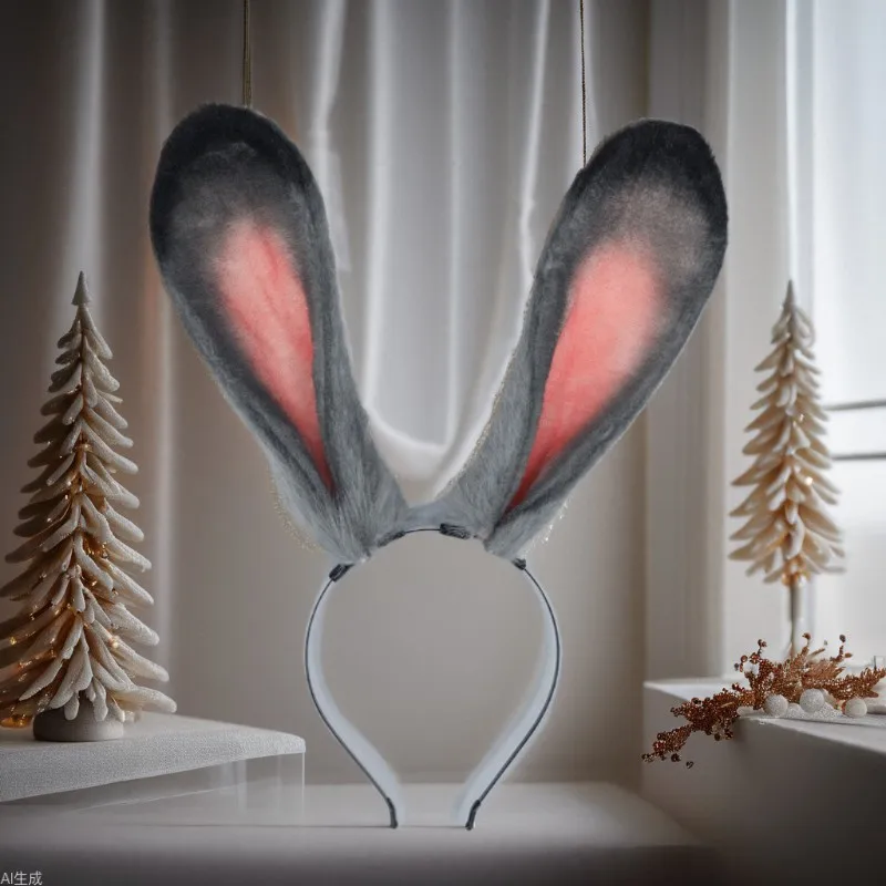 2025 Halloween Plush Thickened Rabbit Ear Headwrap New Soft Fluffy Headband Rabbit Cop Party Costume Hair Hoop Hair Accessory