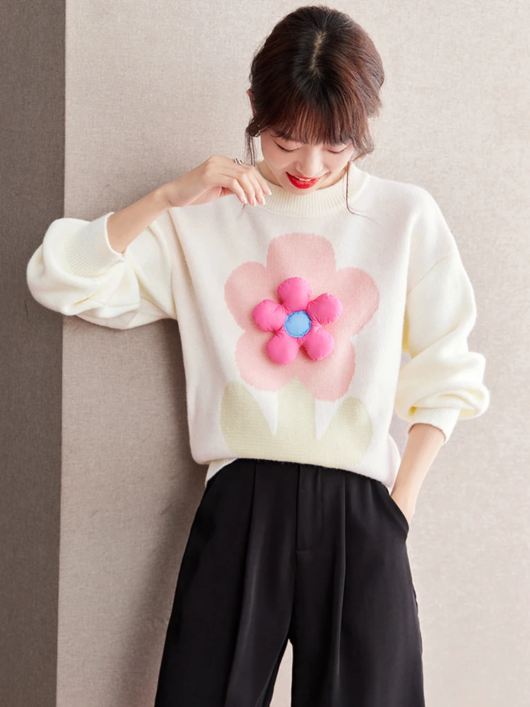 2024 Autumn Winter New Loose Sweater Sweet Three-dimensional Flower Pretty Knit Top Fashionable Casual Pullover Sweater