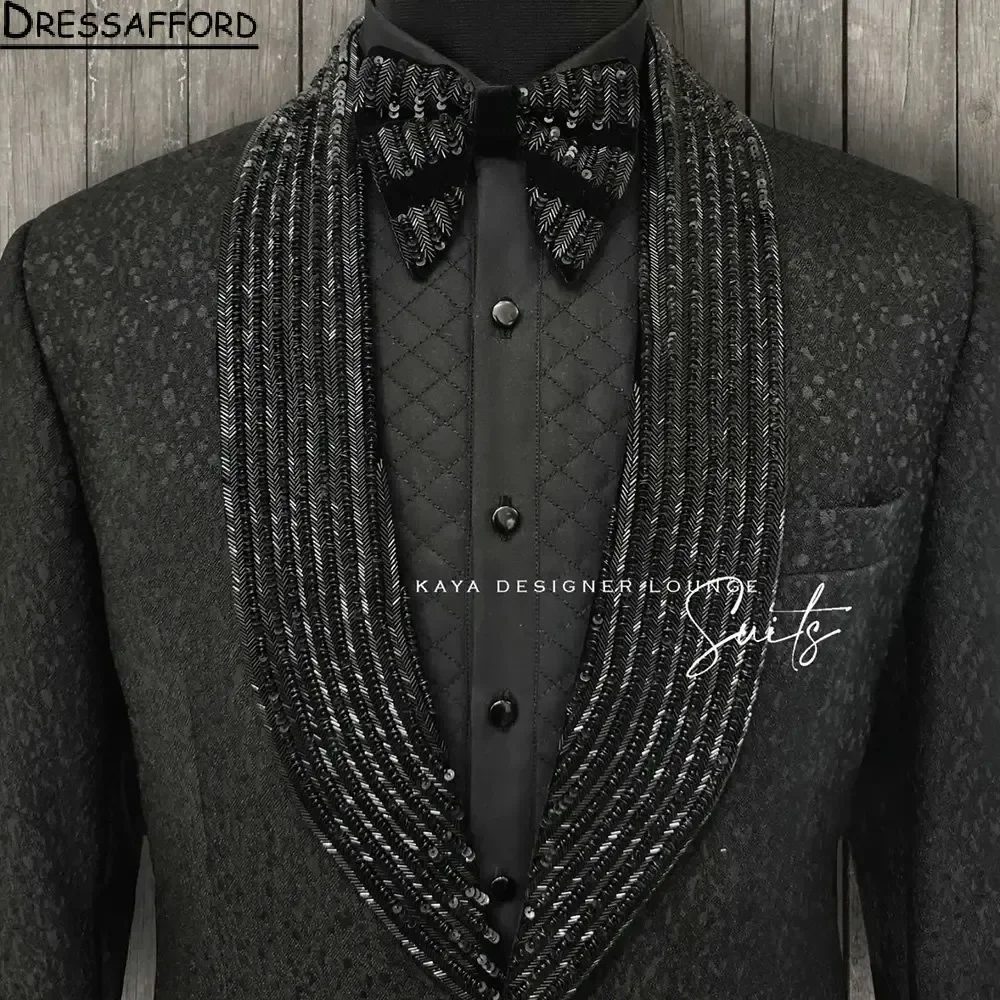 Black Beading Crystal Men Suits Jacquard Weave Groom Wedding smoking 2 pezzi set Dinner Prom blazer Terno Masculino Completo