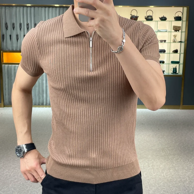 Summer Men Short Sleeve Knitted Zipper T-shirt Basic Male Clothes Slim Polo Shirts Fashion Business Casual Versatile Solid Tops