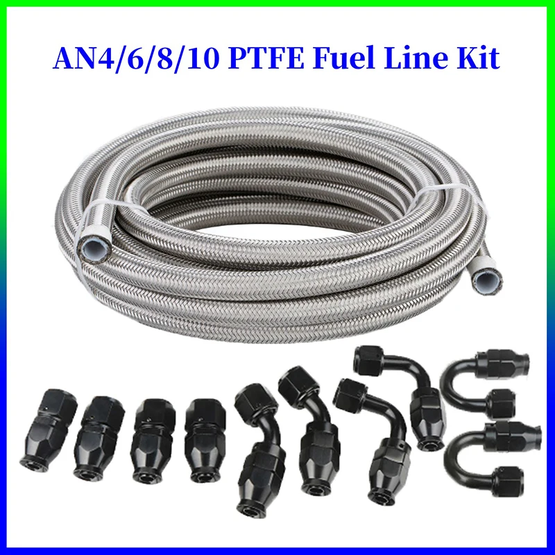 Universal Fitting Adapter AN4/6/8/10 PTFE Fuel Line Kit 3M/5M/6M/9M Stainless Steel Weaving PTFE Fuel Hose with 10pcs Hose End