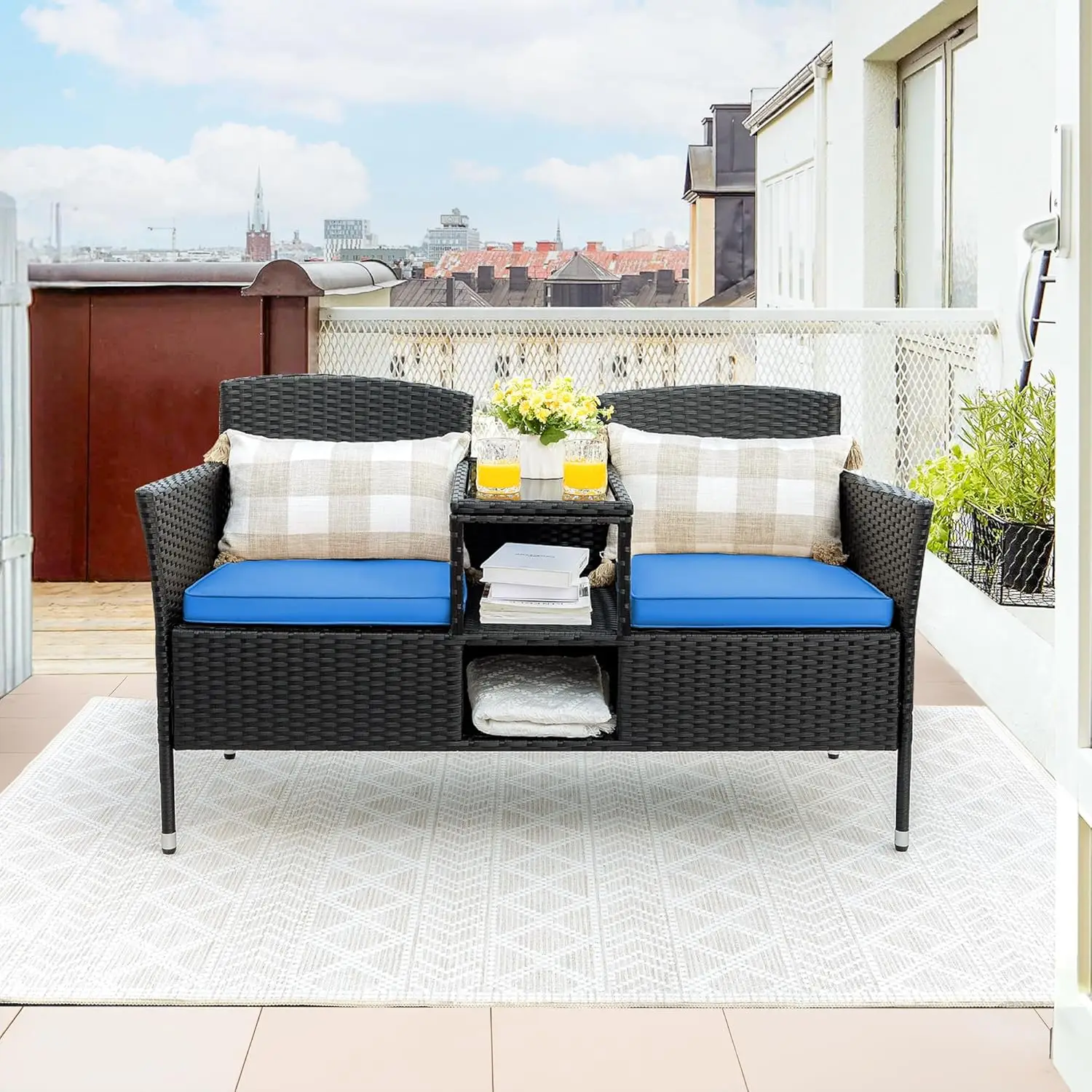 Outdoor Furniture Patio Loveseat Wicker w/ Built-in Table & Cushions Rattan Porch Chairs Bench for Balcony Lawn Backyard