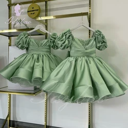 Light Green Flower Girl Dress For Wedding Beaded Satin Knee Length Puffy With Bow Kids Birthday Baby First Communion Ball Gowns