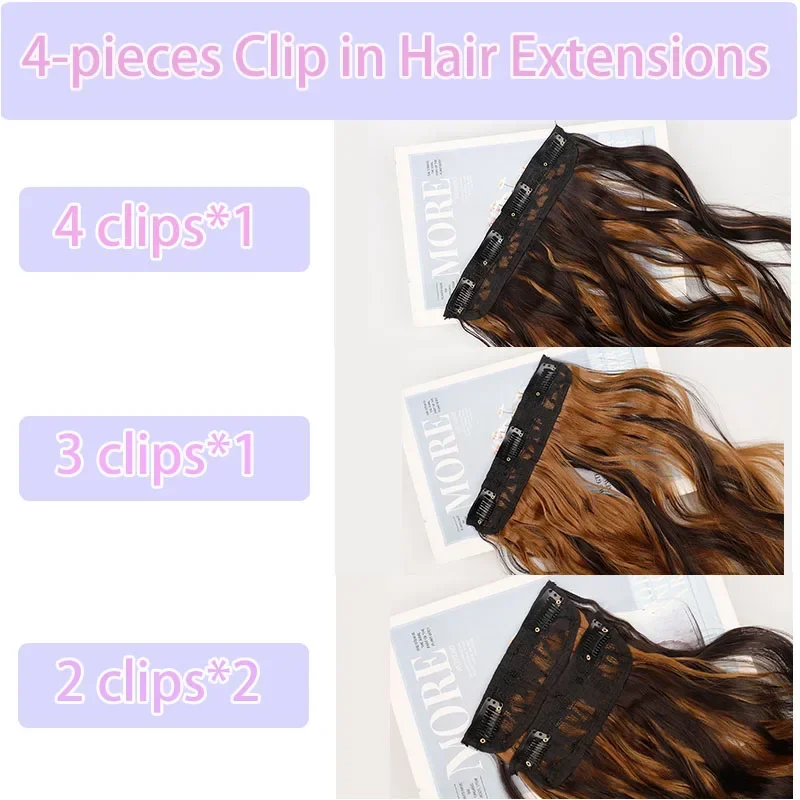 4pcs Long Curly Clip in Hairpiece for Women Ombre Blonde Synthetic Wave Clip False Hair Extensions 20'' Clip on Fake Hairpieces