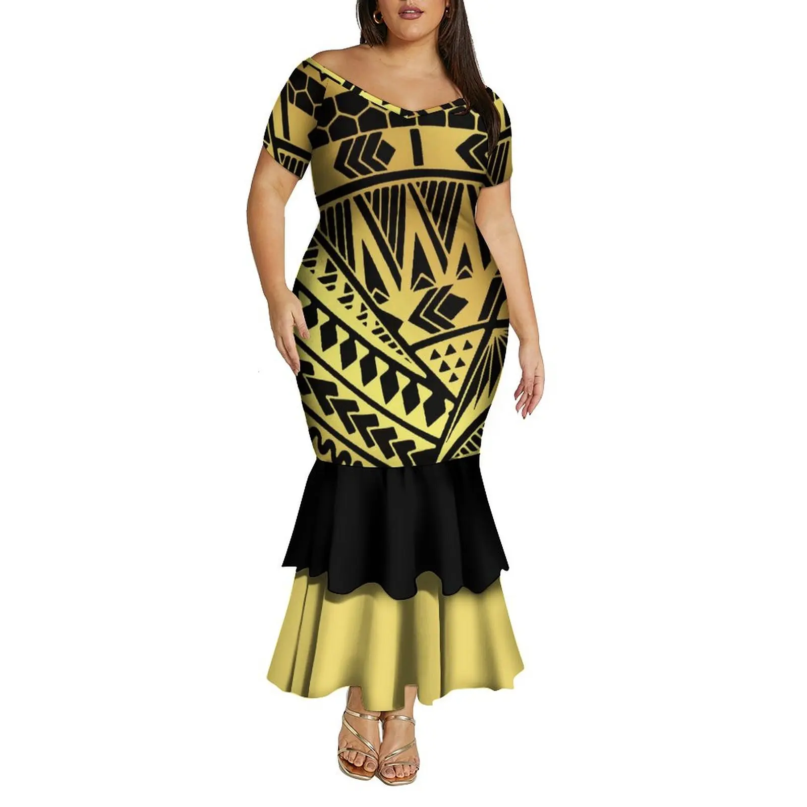 

Прямая доставка, оптовая продажа, индивидуальный логотип, платье русалки с открытыми плечами, Тонга Самоан, полинезийский принт, женское длинное платье с глубоким v-образным вырезом