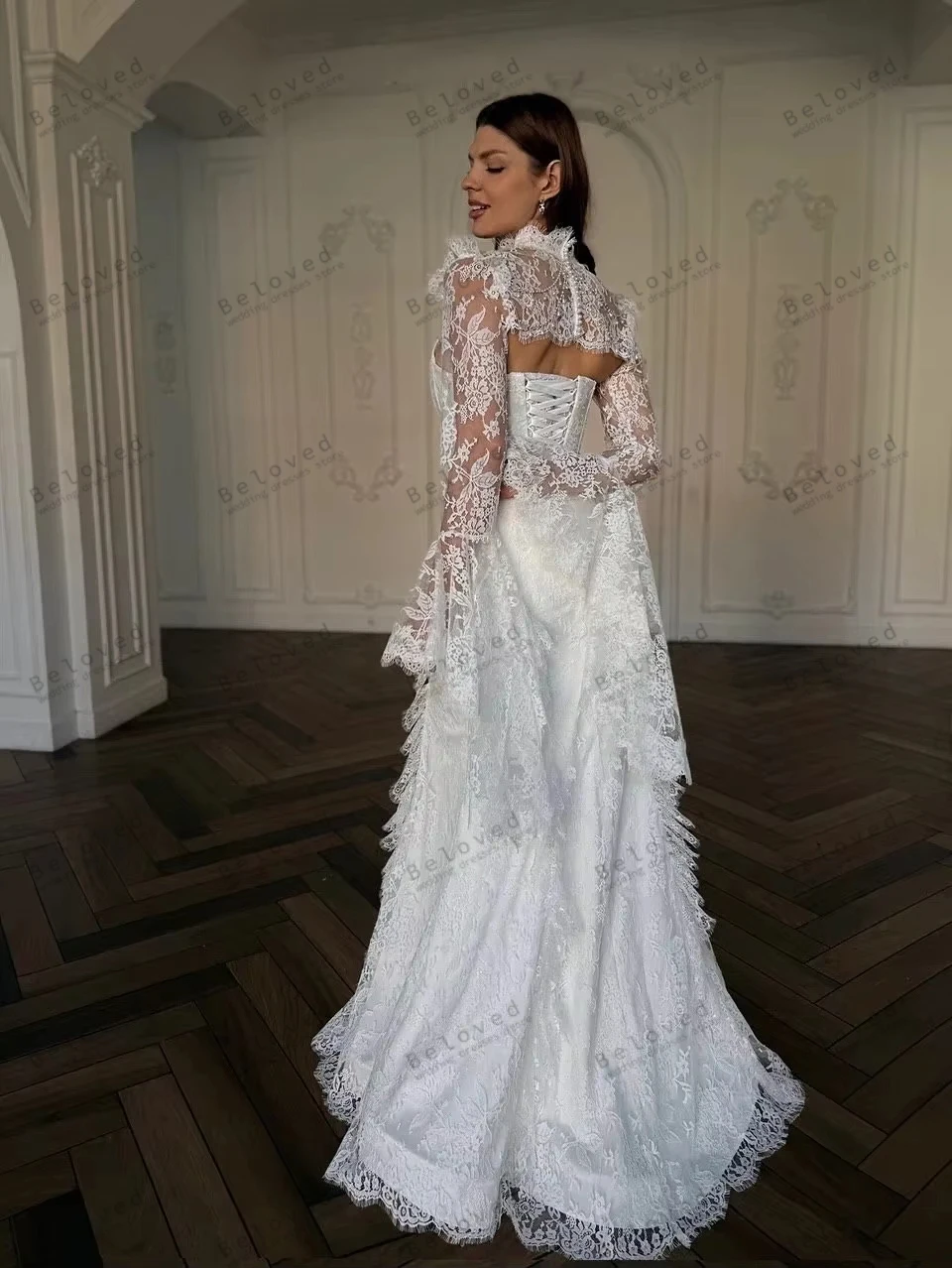 Exquisite Wedding Dresses Glamorous Bridal Gowns Lace Tiered Robes Flare Sleeves Gorgeous Pretty Customized Vestidos De Novia