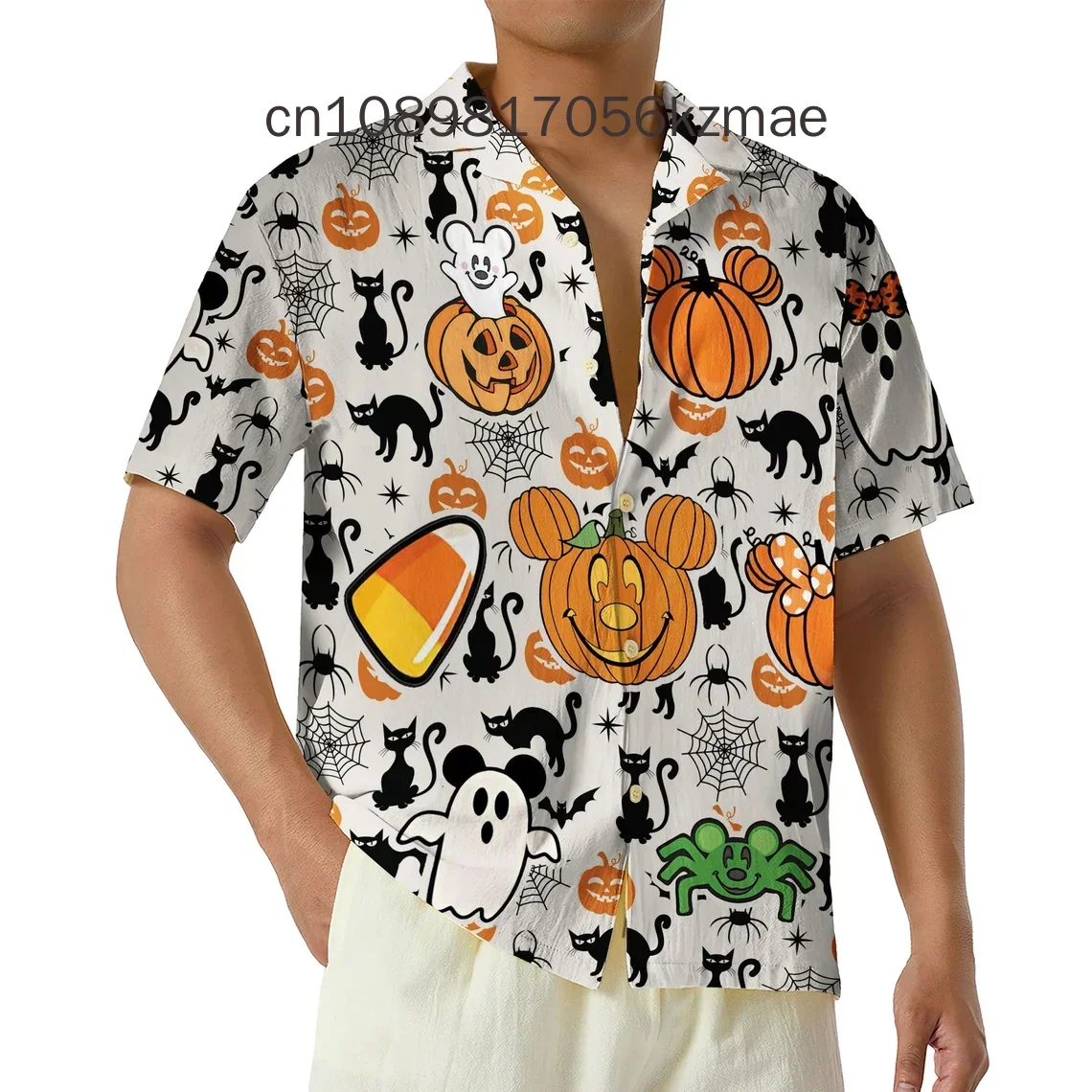 

2024 New Funny Scary Boo Mickey Head Halloween Hawaiian Shirt Men's Button Down Short-Sleeved Shirt in Men Casual Beach Shirt