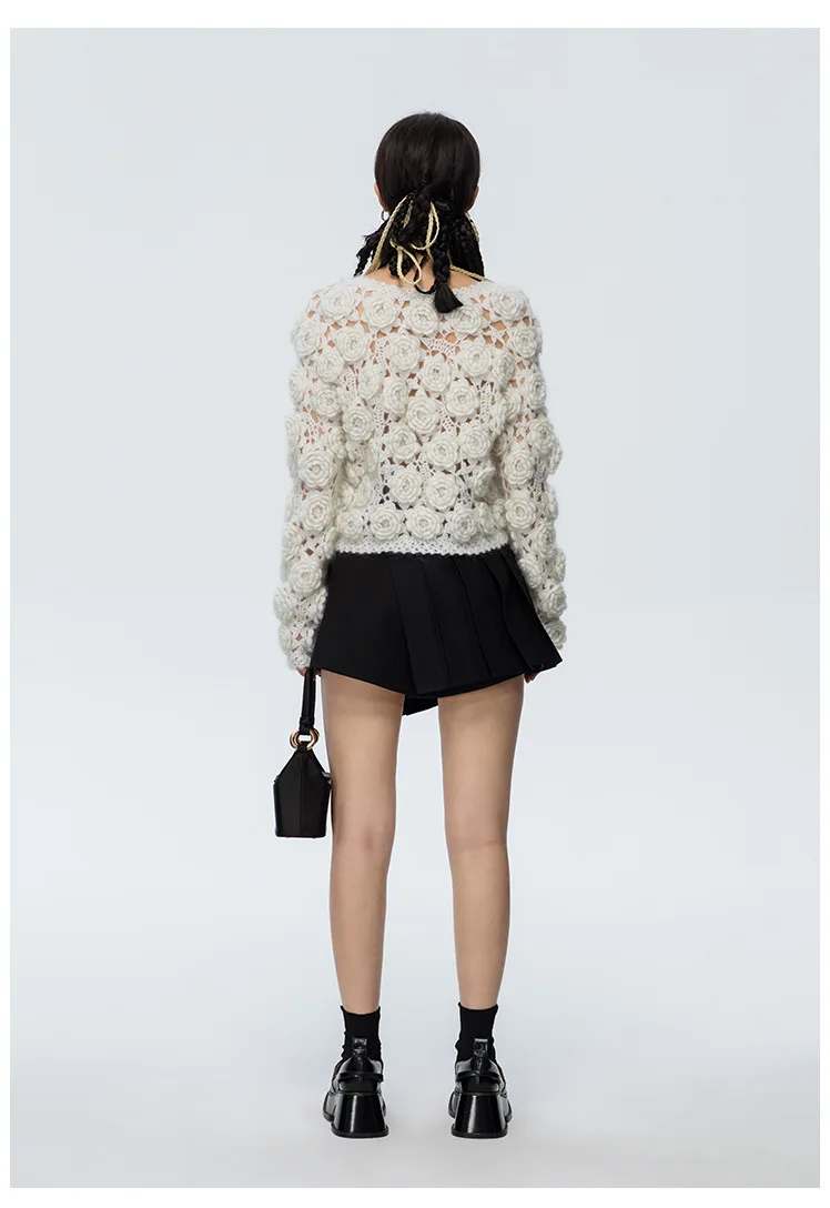 Hand Crocheted Rose Sweater for Women, Knitted Cardigan, Wool Mohair, Beige, High Proportion