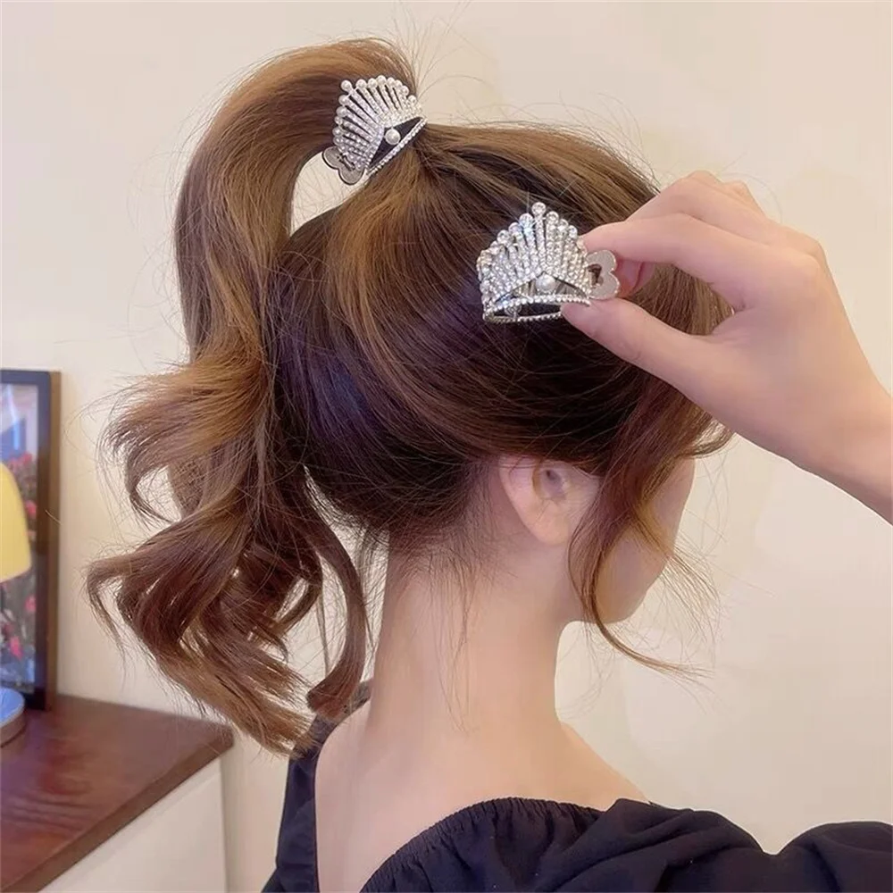 Luxury Rhinestone Pearl Crown Claw Clip Fixed Styling Wash Face  Makeup Shark Hairpin Women Girls High Ponytail Hair Accessories