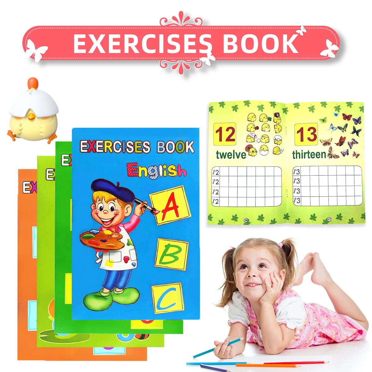 

English & Number Writing for Beginners. Colorful designs with cute characters,Boost your child's learning journey