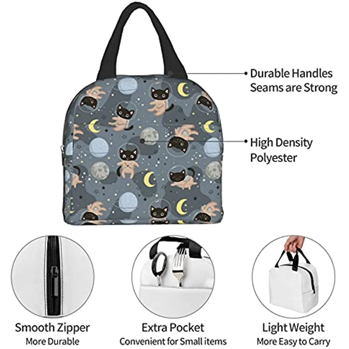 Cute Cats Astronauts Kawaii Lunch Box Travel Bag Picnic Bags Insulated Back To School Reusable For Man Woman Girls Boys