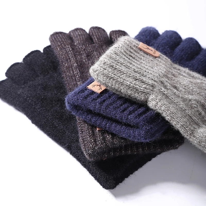 Winter Gloves For Men Half Finger Writting Office Cycling Knitted Gloves Students Alpaca Wool Warm Thick Elastic Driving Gloves