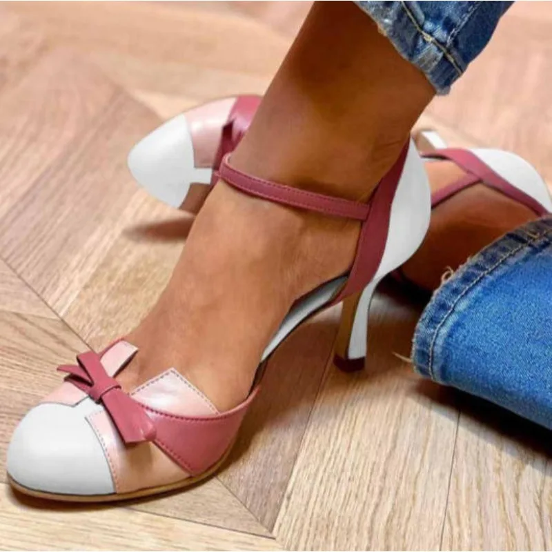 Luxury Sweet Female Dress Shoes Round Toe High Heels Pumps Buckle Strap Bowknot Mixed Color Plus Size 43 Dating Shoes