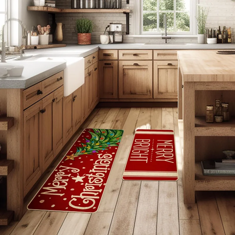 Winter Christmas flannel kitchen by mat 2-piece set, living room decoration floor mat 16inX24in 17inX47in