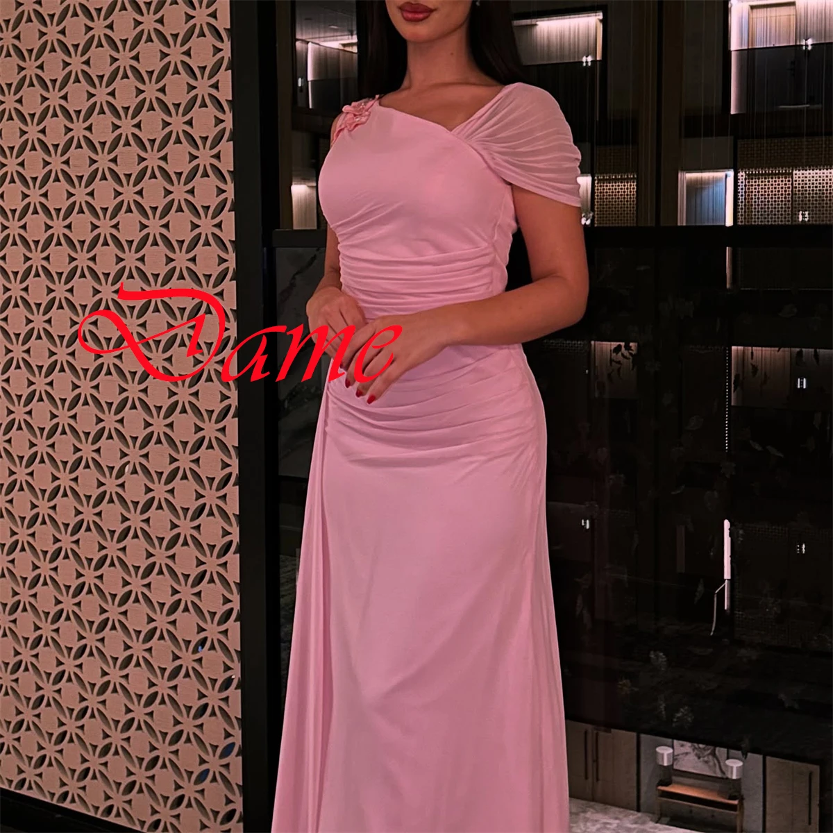 Customized Modern light pink Chiffon Evening Dress Simple Sweetheart Cap Sleeve Prom Dress Ribbon Party Dress Zipper Back