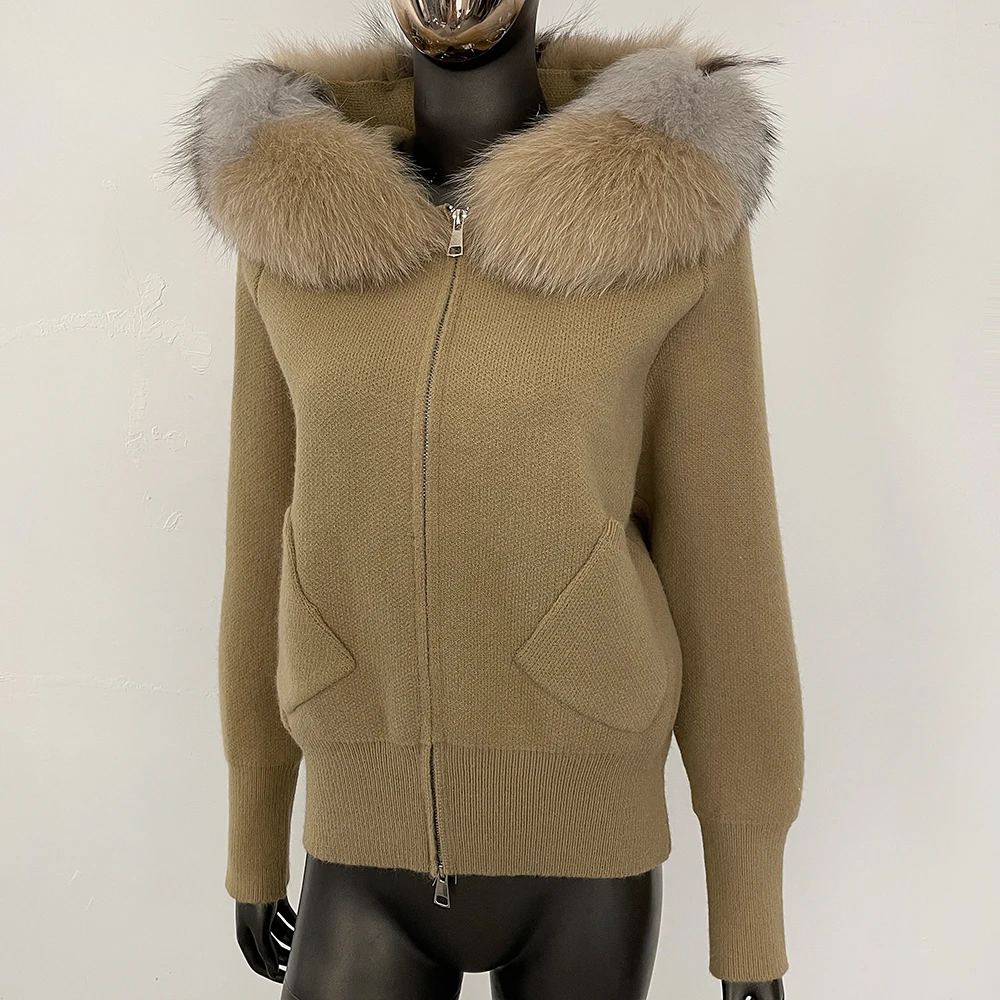 OFTBUY Real Fox Fur Collar Short Cardigan Fashion Autumn Winter Clothes Female Hooded Big Knitted Jacket Natural Fur Coat Women