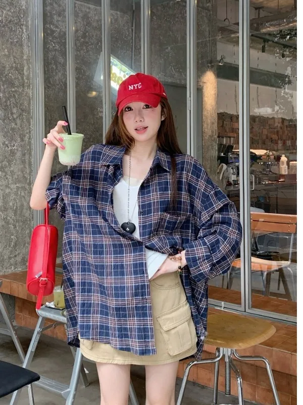 

plus Size Women's Casual Plaid Shirt Summer New Loose UV Protection Top Trendy Lazy Style Long Sleeve High Waist Commute Style